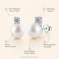 Boucles d'oreilles clous en moissanite 0,5 ct couleur D VVS1 3EX, perle naturelle, collection de perles classiques et élégantes en argent S925, bijoux en gros
