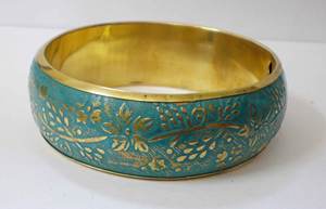 Vintage Turquoise Verdigris Copper <b>Bangle</b> With Elegant <b>Gold</b> Floral Vine Etching Luxury <b>Antique</b> Style Brass Bracelet Metal Craft - Product Image 4