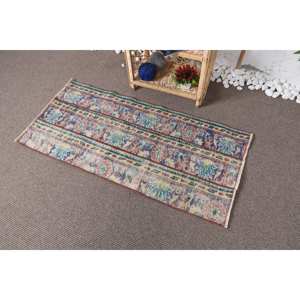 พรมขนสัตว์ตุรกีแบบวินเทจทำด้วยมือสีฟ้าคลาสสิก2 x 4.3ft สี่เหลี่ยมผืนผ้าเย็บปะติดปะต่อกันรูปแบบห้องโถงนามธรรมสำหรับน้ำยางที่อาศัยอยู่ - Product Image 3