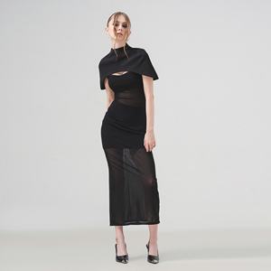 Robe longue en maille tricotée en coton mélangé pour femmes Body Fit Style de soirée droit en noir extensible vêtements confortables - Product Image 1