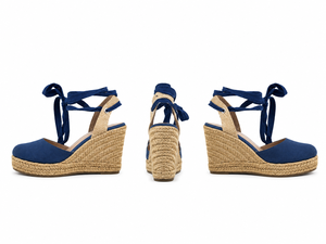 Sandalias de cuña de lona azul marino para mujer, con punta cerrada, cordones en el <span class=keywords><strong>tobillo</strong></span>, detalles de paja trenzada, estilo bohemio, zapatos de verano, bajo MOQ, OEM, ODM - Product Image 3