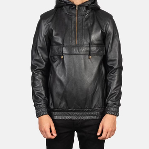 Dernier modèle de sweat à capuche en cuir pour homme à bas prix/Sweat à capuche personnalisé en cuir de couleur unie pour homme avec demi-fermeture éclair - Product Image 3