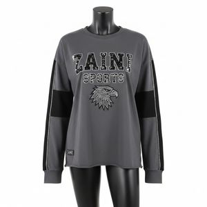 Premium <b>Long</b> <b>Sleeve</b> <b>T</b> <b>Shirt</b> Soft Cotton Fabric Grey <b>Black</b> Panel Design Rhinestone Heat Transfer Logo <b>Long</b> <b>Sleeve</b> <b>T</b> <b>Shirt</b> Cotton - Product Image 1