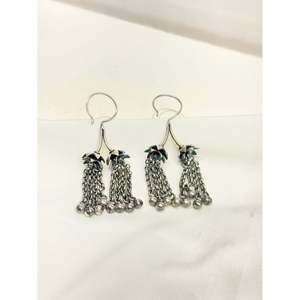 Tridha Statement Gold Plated 925 <b>Silver</b> Drop <b>Earrings</b> with Fish Hook <b>Dangling</b> Tassel Flower Design Featuring Diamond Main Stone - Product Image 1