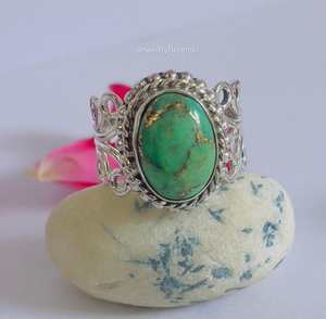 Anillo de plata verde cobre turquesa en Plata de Ley 925 hecho a mano piedra preciosa ovalada minimalista Boho joyería regalo para mujer - Product Image 1