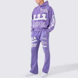 Custom Logo Design 100% Cotton Pullover Street Wear Flare Sweat <b>Suit</b> with Embossed Puff Print Winter Flare Sweat <b>Pant</b> Sets - Product Image 1