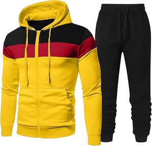 Survêtement personnalisé pour hommes Ensemble de sport 2 pièces avec votre logo Pantalon de jogging et sweat à capuche zippé à manches longues Patchwork Design - Product Image 1