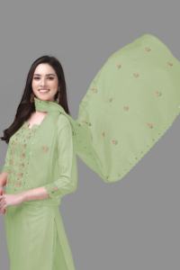 Trendmalls Ensemble de costumes Salwar en coton brodé pour femme Pantalon Kurta avec Dupatta (G103-Green) - Product Image 4