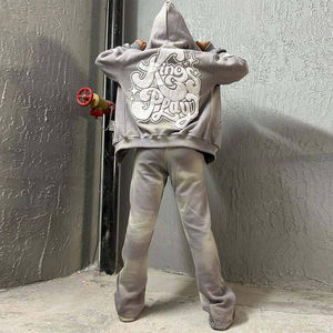 Custom 100% Cotton Men's Vintage Style Acid Wash Screen Puff Print Flared Sweatpants and Full <b>Zip</b> <b>up</b> <b>Hoodie</b> Sets <b>Grey</b> Tracksuit - Product Image 4