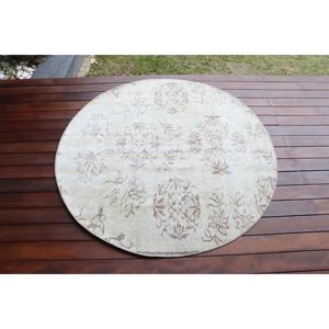 4.3x4.4 ft Round Turkish Rug, Vintage Rug, White <b>Brown</b> Floral <b>Wool</b> Rug - Product Image 3