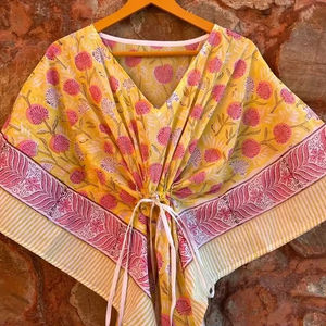 Vestido de caftán de playa de verano para dama de honor, hermoso bloque Floral impreso hecho a mano, caftán de algodón 100% con cuello en V, cintura Natural - Product Image 1