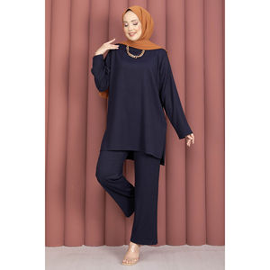 Conjunto de Túnica y Pantalones de Terciopelo Azul Marino con Aberturas Laterales, Un Conjunto para Uso Diario en Invierno, Verano y Otoño, Tallas XS-XL - Product Image 3