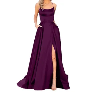 Damen rückenfrei langes Kleid Satin Seitenschlitz Hochzeit Abendparty Abschlussballkleid mit Taschen elegante Partykleider für Damen