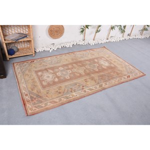 Large Vintage Turkish <b>Wool</b> Rug 4x7ft <b>Brown</b> Orange Patchwork Design Latex Rectangle Abstract Area Set for Hallway Room Decor - Product Image 3