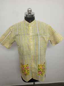 Hermosa Camisa de algodón con estampado de bloque de mano con patrón de rayas Ropa de verano de algodón puro con mangas cortas para fiestas - Product Image 2