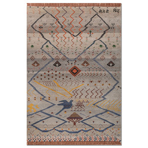 Tapis géométrique gris et noir Freedom Manchaha en laine et soie de bambou noué à la main, technique de tissage plat pour salon - Product Image 1