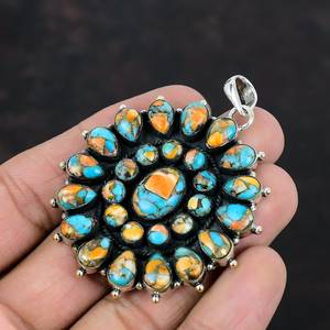 Colgante de piedras preciosas de ostra espinosa turquesa, racimo de varias piedras, colgante de Plata de Ley 925, ostra espinosa Kingman - Product Image 3