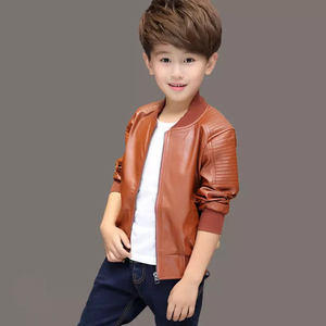 High Quality Unisex PU <b>Leather</b> <b>Jacket</b> for <b>Boys</b> Girls Stand Collar Front Logo Zipper Closure for Winter Season - Product Image 2