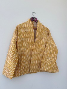 Unisex Yellow Buti Handmade Cotton Jacket Winter <b>Coat</b> Quilted Kantha Open Front Kimono Printed Fabric Knitted Techniques Pocket - Product Image 4