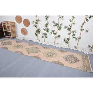 2.9x12.5 ft Vintage <b>Rug</b>, Turkish <b>Runner</b> <b>Rug</b>, Beige Blue Ikat Wool <b>Rug</b> - Product Image 3