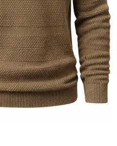 Pull Polo Homme Personnalisé à Texture Horizontale en Tricot, Manches Longues, Col Boutonné, Décontracté, Hiver, en Brun Camel, Vente en Gros - Product Image 6