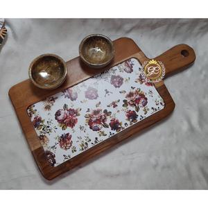 Plateau de service en copeaux de bois d'acacia imprimé floral et trempette Plateau à collation rond décoratif avec bol central pour apéritifs, fêtes - Product Image 2