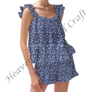 Ensemble pyjama 2 pièces à imprimé floral pour femmes-Ensemble lounge à volants-Top et short à manches volantées-Vêtements de nuit ajustés-Bretelles à volants - Product Image 3