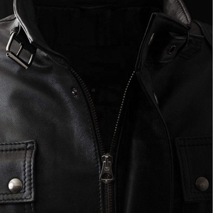 Veste moto en cuir véritable noir pour homme, col montant, fermeture à boutons, coupe ajustée, longueur normale, couleur unie 2027 - Product Image 5