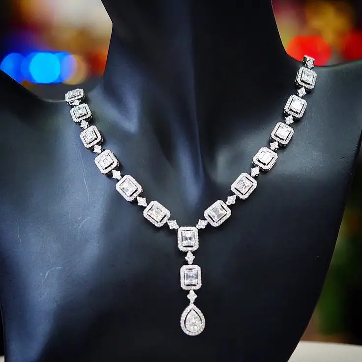 Fabriqué en indien pur argent or bijoux CVD américain Moissanite diamant collier ras du cou ensemble avec boucle d'oreille pour les femmes américaines