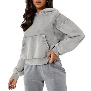 Sudadera con capucha Retro de ocio para mujer de alta calidad, Sudadera con capucha de felpa desgastada lavada de peso pesado, Sudadera con capucha de lavado ácido con etiqueta de moda - Product Image 4