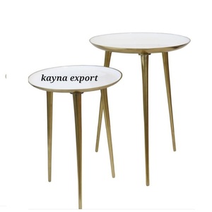 Ensemble de 2 tables d'appoint nordique en fer forgé couleur or dessus en marbre pour l'extérieur et la chambre appartement maison bureau - Product Image 3