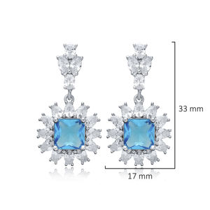 Boucles d'oreilles en argent sterling 925 faites à la main en pierre CZ d'aigue-marine carrée de conception de fleur - Product Image 2