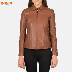 Classic Lightweight Breathable Women's Genuine <b>Tan</b> <b>Brown</b> Leather Motorcycle Jacket Slim Fit Soft Cow Skin Outerwear Stand Zipper - Product Image 1