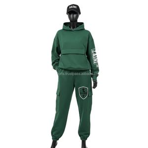 Chándal de lana Premium para mujer 340 GSM Green Cropped Hoodie y Cargo Joggers Custom Logo Print Bordado Chándales Tallas grandes - Product Image 1