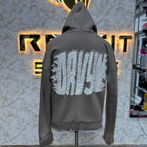 Custom Applique Embroidery Distressed Hoodie <b>Rhinestone</b> Zip up <b>Jacket</b> Acid Wash Vintage Washed Men Fleece Streetwear Hoodie - Product Image 5