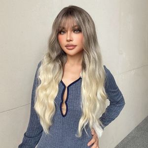 Hannah-DWY for Ombre <b>Bleach</b> Blonde Long Curly Lace Front Wig Heat Resistant Fiber Synthetic Wig Transparent Lace Bangs Loose - Product Image 2