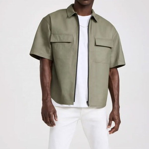 Fabricant OEM Logo personnalisé chemise en cuir manches courtes surdimensionné décontracté poitrine poche en cuir PU fermeture éclair chemises veste pour hommes - Product Image 4