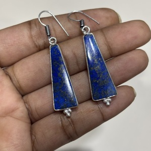 Wholesale Lapis Lazuli <b>Hoops</b> Earrings silver Plated <b>Chunky</b> Earrings for Women Blue Color Ear Wires for Anniversaries - Product Image 4