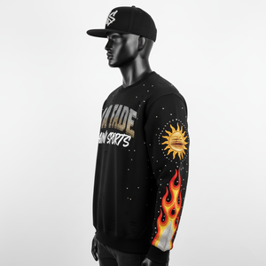 Premium 330 GSM Cotton Polyester Sun Fade <b>Sweatshirt</b> <b>Black</b> with Flame Sleeves Rhinestone Logo Custom Design Basics <b>Sweatshirts</b> - Product Image 4