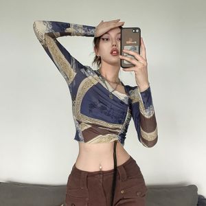 Euro-Chic Pintura al óleo Imprimir Cordón Slim-Fit Camiseta de manga larga-Top Indie versátil sexy para mujer - Product Image 5