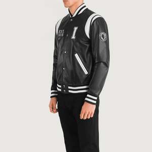 GLOBAL LEATHER Vintage Varsity <b>Jacket</b> in Black <b>Sheepskin</b> Leather Waterproof Embroidered Pattern Unisex Sizes XS XL Autumn Season - Product Image 2