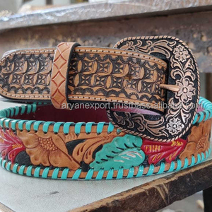 Cinturón floral de cuero genuino occidental hecho a mano y pintado a mano, cinturones de mujer de cuero de vaca de grano superior de la mejor calidad - Product Image 2