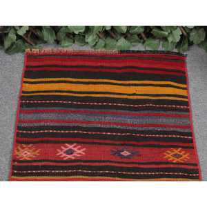 Turkish Kilim Rug 2.1x3.5 ft, <b>Red</b> Black Patchwork <b>Wool</b> Vintage Rug - Product Image 3