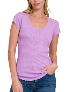 Trendy and Unique Casual <b>Waffle</b> Snap Button Embellished Split Neck Cap Sleeve cozy & relaxed fit women T <b>shirt</b> - Product Image 3