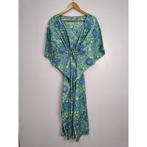 Vestido Kaftán Estilo Boho Chic, Estampado a Mano, Verde Azulado, con Diseño Floral, Transpirable, Ligero, de Algodón, para Usar como Traje de Baño - Product Image 3