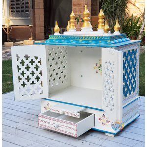 Temple mural en bois Hindu Mandir fabriqué à la main pour la maison Pooja Room avec tiroir et conception de sculpture complexe - Product Image 3