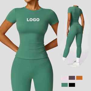 New Arrivals Women Activewear Short Sleeve Running Shirt Top High Waist Leggings Fitness Workout <b>Yoga</b> <b>Set</b> for Athletic Gym - Product Image 1