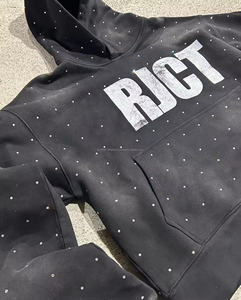 Sweat à capuche épais en molleton pour homme avec logo personnalisé, style vintage délavé à l'acide, brodé, pull-over orné de strass, 100 % coton, motif uni - Product Image 2