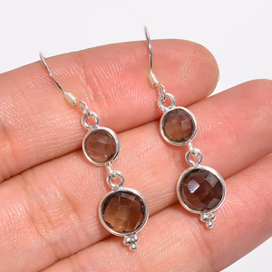 Pendientes colgantes elegantes de Plata de Ley 925 estilo clásico con piedras preciosas de cuarzo ahumado joyería fina - Product Image 3