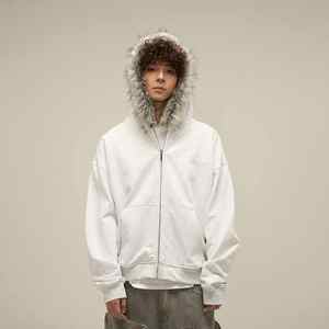 Wholesale Custom <b>Men's</b> <b>Zip</b>-<b>up</b> Solid Heavyweight Cotton Hoodie Cropped Boxy Faux Fur Hood with Distressed Look 100% Cotton - Product Image 4